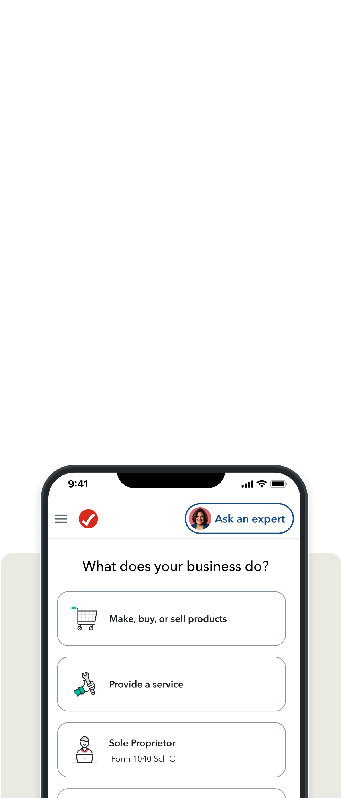 Phone showing TurboTax interface asking what type of business you have and a button to connect with a tax expert.