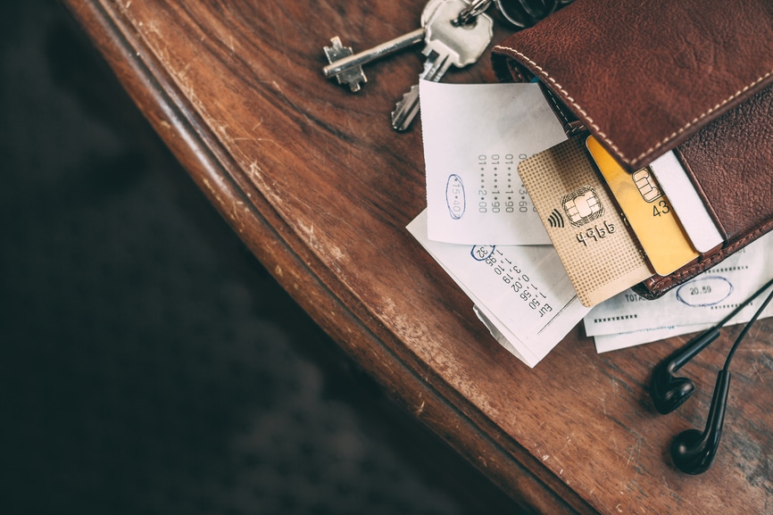 Credit cards in wallet on table