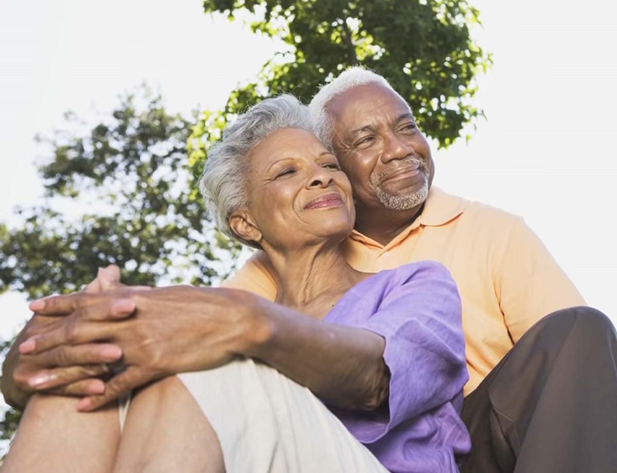 happy mature couple sitting outdoors