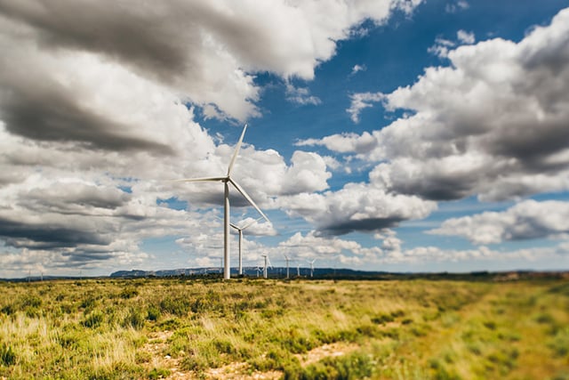 Farm field with wind turbines