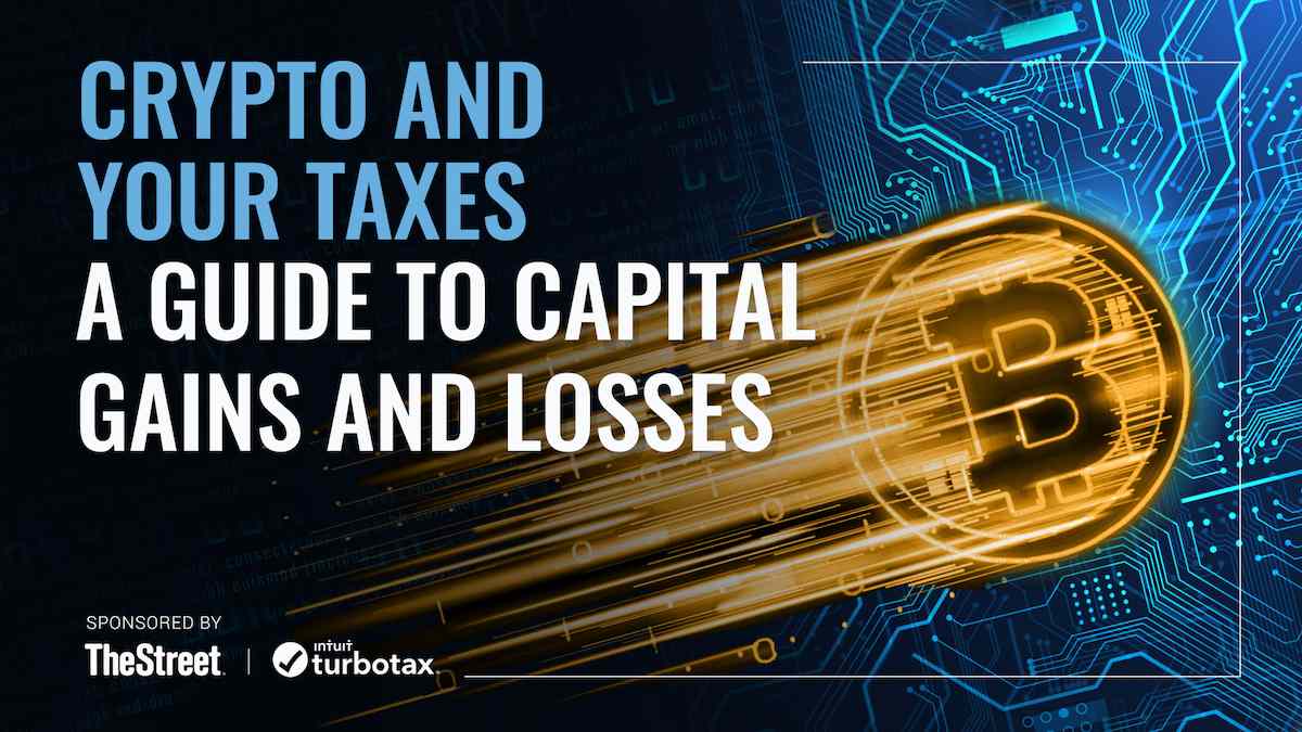 Bitcoin graphic with text overlay of Crypto and Your Taxes A Guide to Capital Gains and Losses