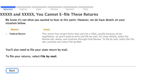 Error message stating that the customer cannot e-file in TurboTax Desktop