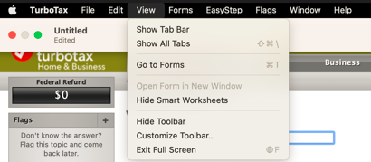 Screenshot of TurboTax Desktop Mac menu bar highlighting the View menu.