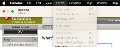 Screenshot of TurboTax Desktop Mac menu bar highlighting the Forms menu.