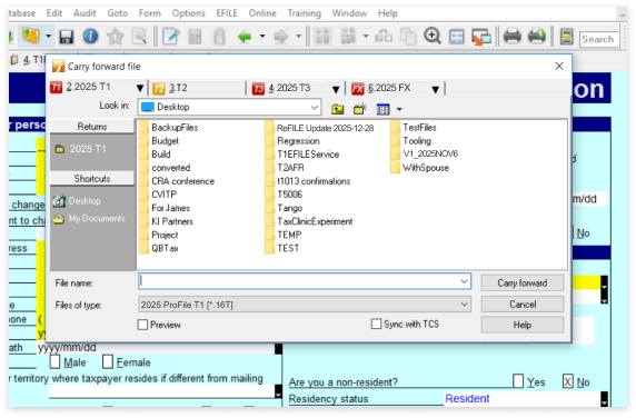 Modal window for carry forward file showing available files.