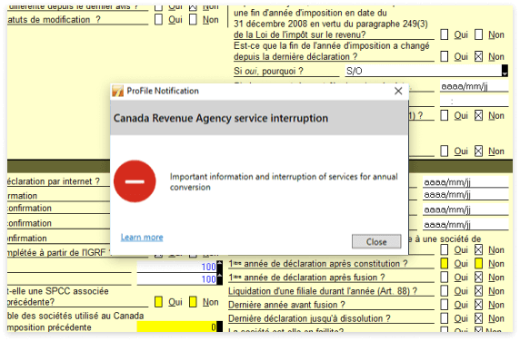 Modal window showing notification from the CRA of a service interruption in the T2 module. 