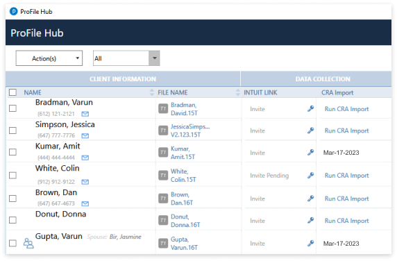 The ProFile Hub, with list of names, related files and ability to invite or run CRA import.