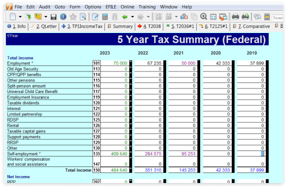 Five year tax summary showing amounts for five year period side by side.