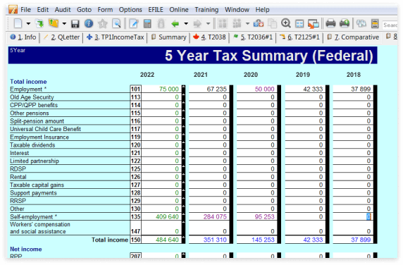 Five year tax summary showing amounts for five year period side by side.