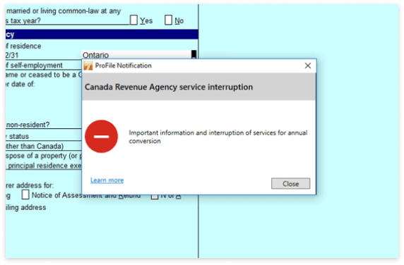 Modal window showing notification from the CRA of a service interruption. 