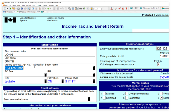 T1 Income tax and benefit return form, with turquoise background. Shows step 1: identification and other information