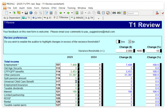 T1 review form on turquoise background. Shows changes between current and previous tax season.