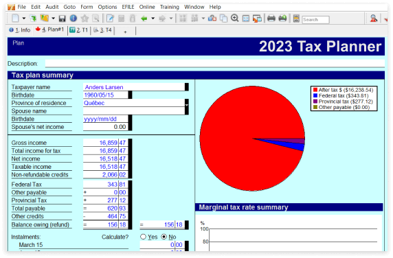 ProFile tax planner, displaying tax plan summary information and pie chart visual.