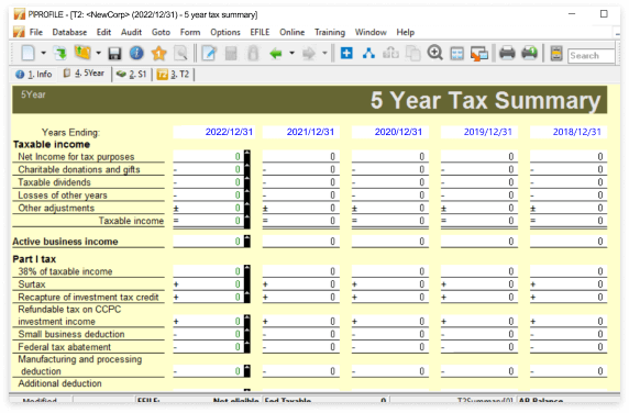 Five year tax summary with 5 columns, one per year, contrasting income and tax.