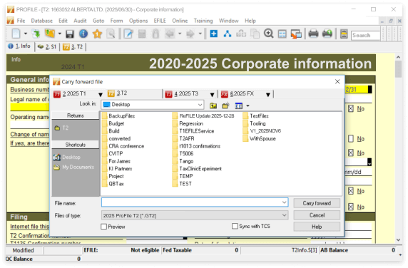 Modal window for carry forward file showing available files.