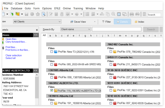 Client explorer screen showing columns of selectable files, categorized by company. 