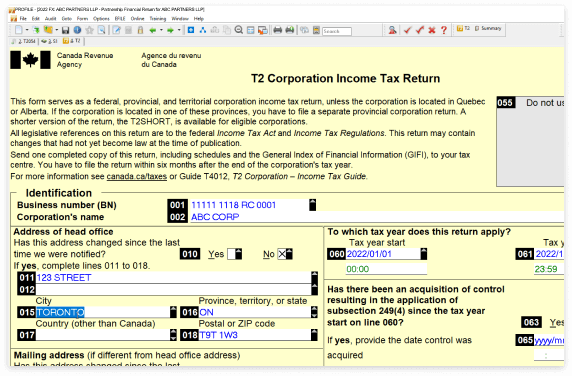 T2 corporation income tax return, with yellow background. Shows fields for identification business number, corporation name, address, and tax years applicable