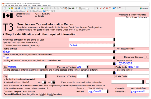 T3 trust income tax and information return form on peach background. Shows step 1: identification and other required information.