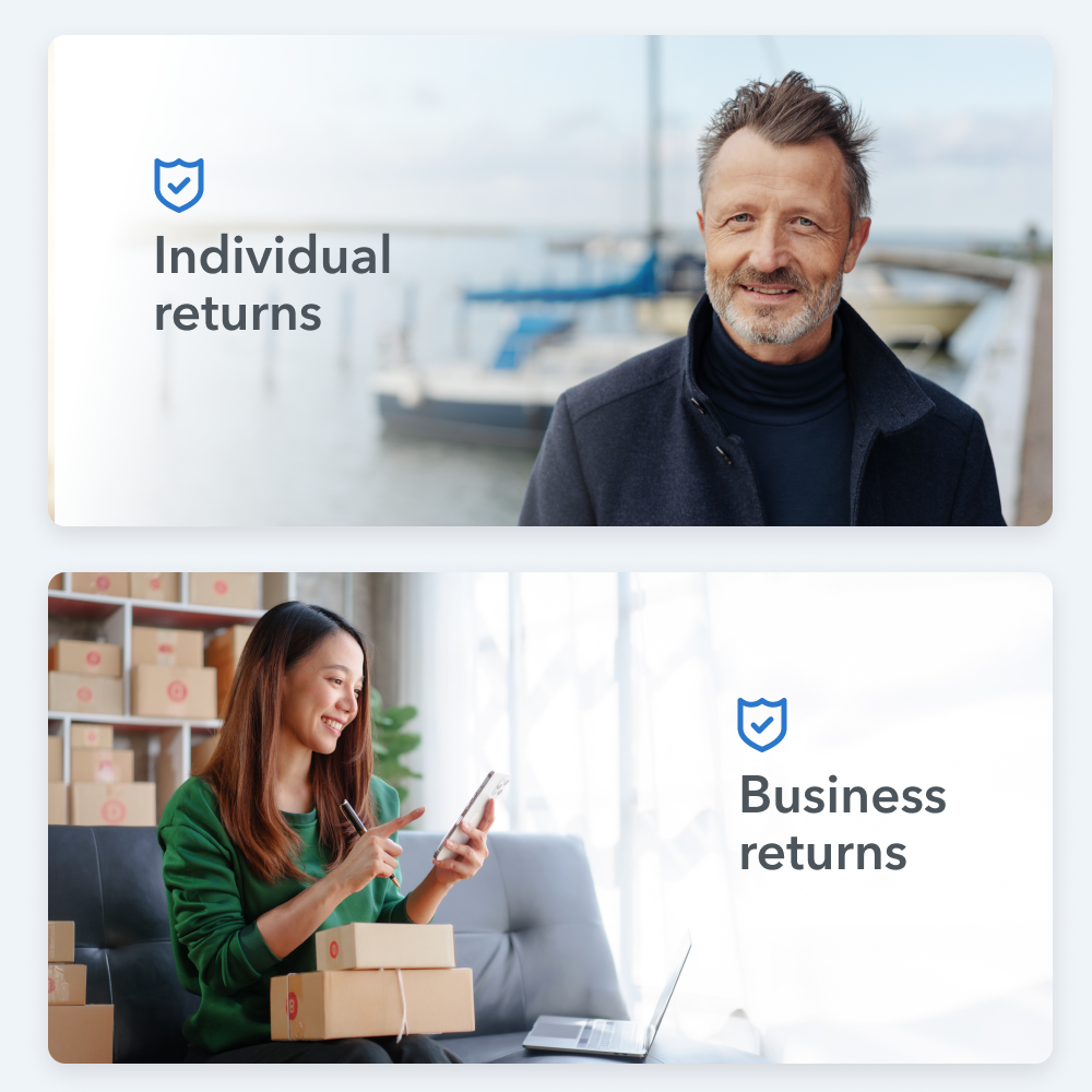A person holding a box with a picture of a person on it.