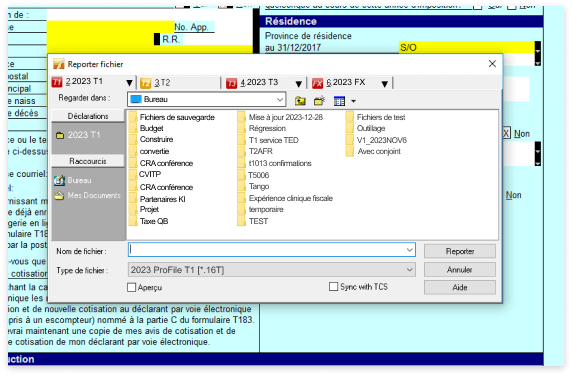 Fenêtre modale pour le report de fichiers affichant les fichiers disponibles.