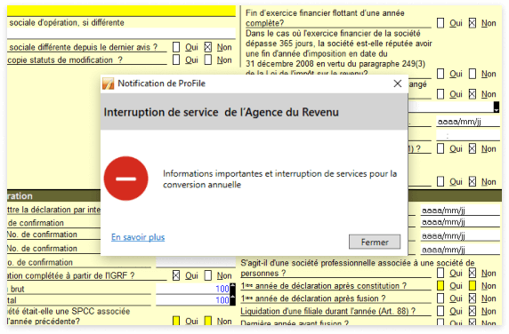 Fenêtre modale montrant une notification d’interruption de service de l’ARC.