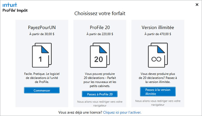 Trois façons d'acheter ProFile affichées sur les cartes : PayezPourUN, ProFile 20 et dépôts illimités.