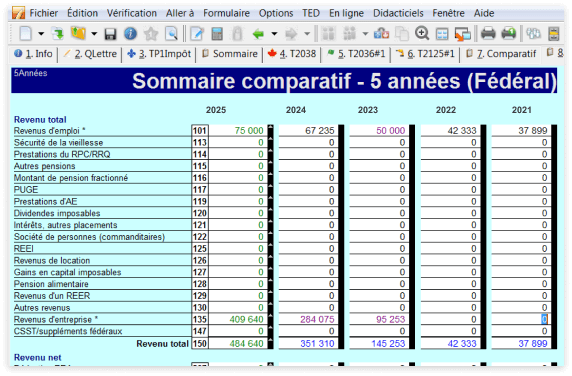 Sommaire des impôts sur cinq ans montrant les montants pour une période de cinq ans, côte à côte.