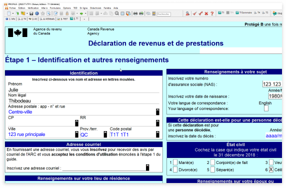 Formulaire de déclaration de revenus et de prestations T1 sur fond turquoise. Affiche l’étape 1 – Identification et autres renseignements.