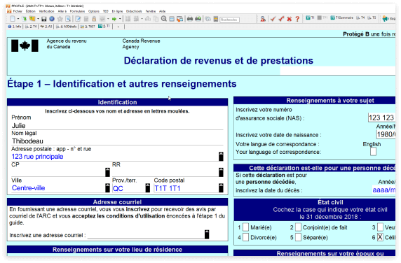 Formulaire de déclaration de revenus et de prestations T1 sur fond turquoise. Affiche l’étape 1 – Identification et autres renseignements.