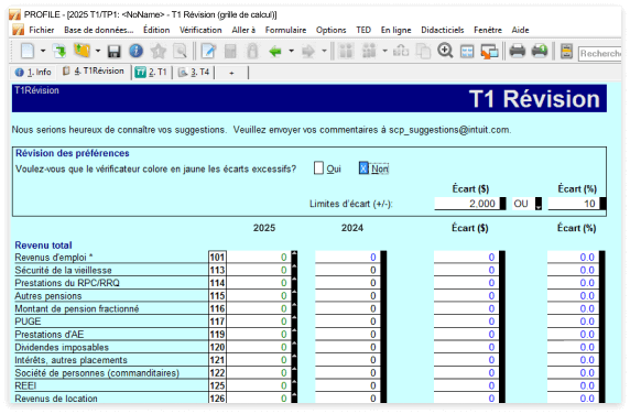 Formulaire de révision T1 sur fond turquoise. Affiche les changements entre la période des impôts précédente et la période courante.