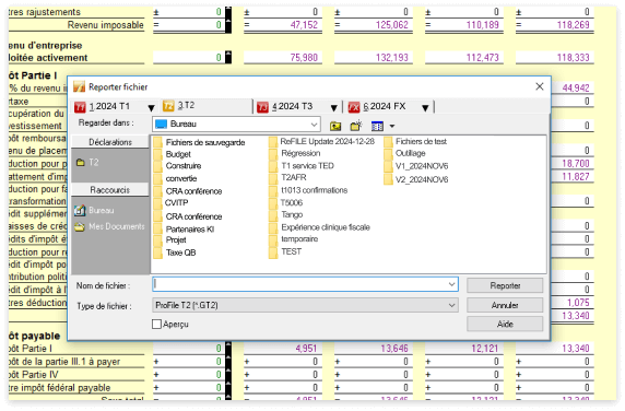 Fenêtre modale pour le report de fichiers affichant les fichiers disponibles.