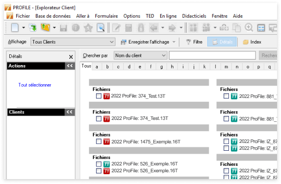 Écran de l'explorateur client affichant des colonnes de fichiers sélectionnables, classés par entreprise.