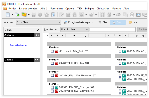 Écran de l’Explorateur Client montrant les fichiers sélectionnables classés par entreprise.