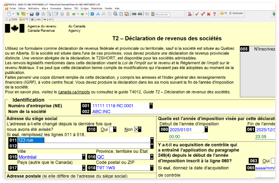 Déclaration de revenus des sociétés T2 sur fond jaune. Affiche les champs d’identification du numéro d’entreprise, du nom de la société, de l’adresse et des années d’imposition visées.