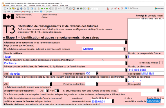 Formulaire de déclaration de renseignements et de revenus des fiducies T3 sur fond pêche. Affiche l’étape 1 – Identification et autres renseignements.