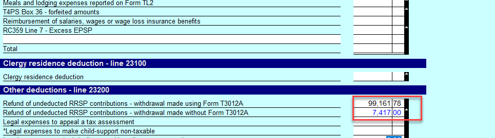 Tax form section with highlighted deduction amounts
