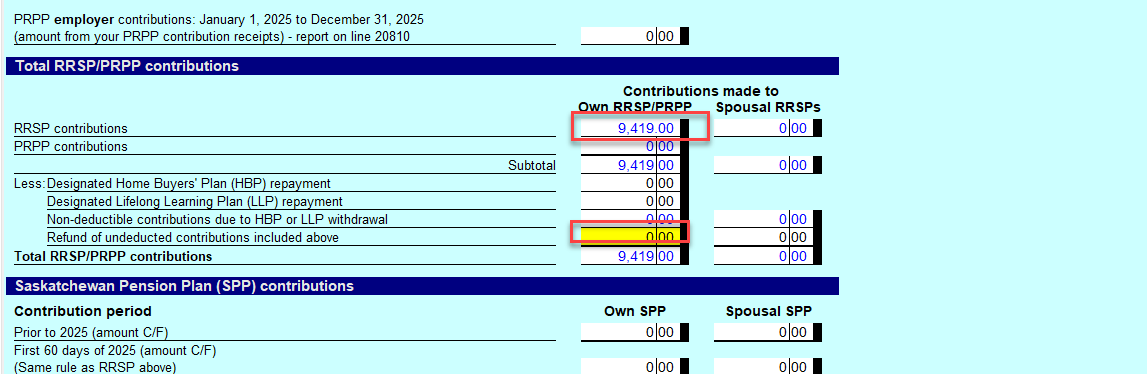 RRSP and PRPP Contributions Table with Numeric Values