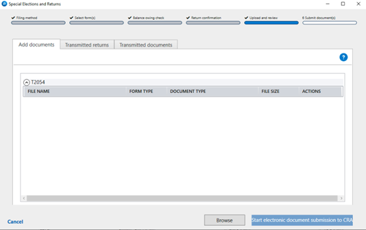 A screenshot of a the Special Elections and Returns window that shows the user where the Start an electronic documents submission to CRA button is located.