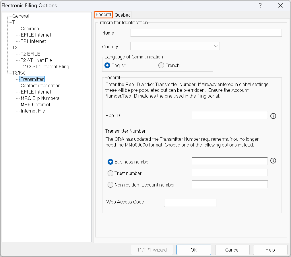 A screenshot of transmitter options with the federal tab highlighted. 