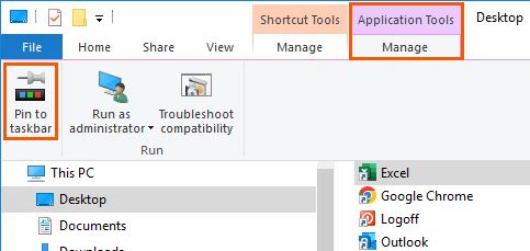 Application Tools Manage tab then pin to taskbar