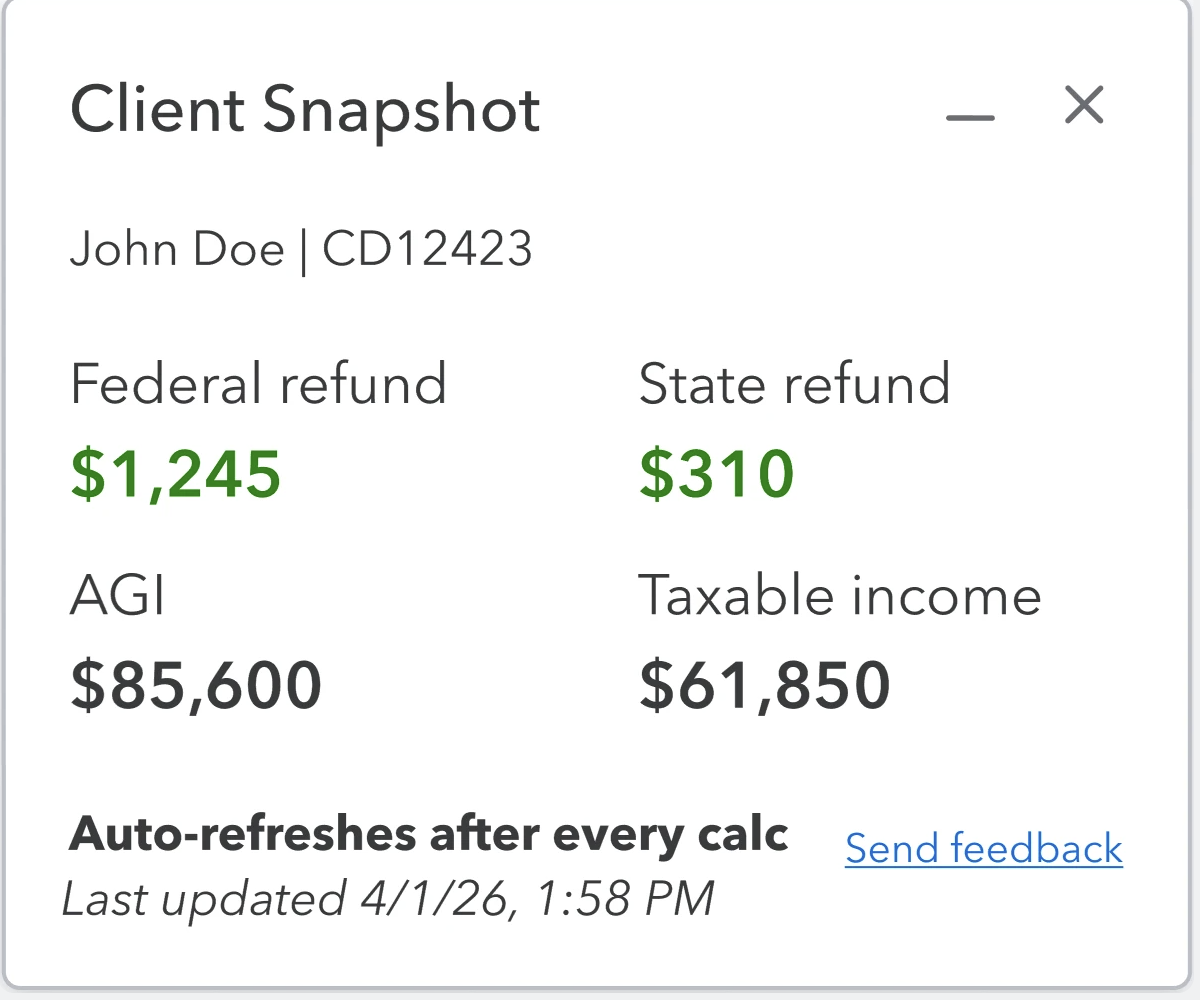 Client tax snapshot with refund summary