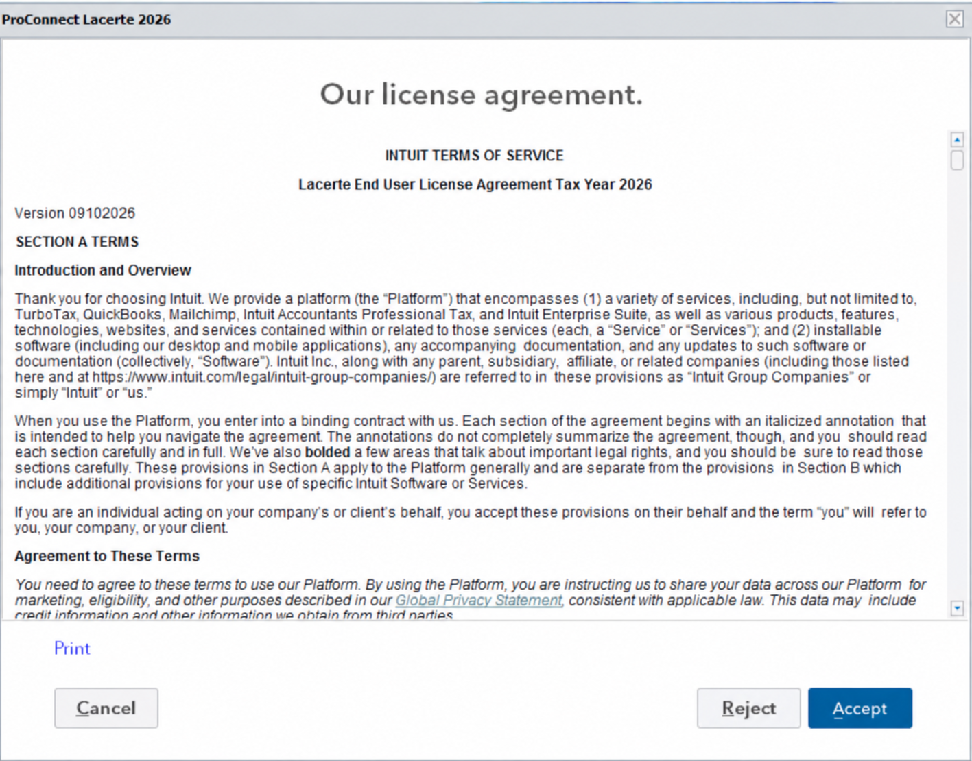 Lacerte Software license agreement dialog with options