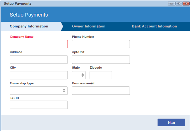 Company Information section of the Setup Payments wizard