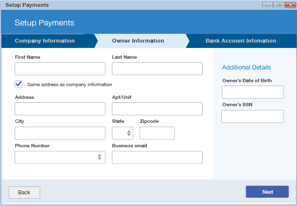 Owner Information section of the Setup Payments wizard