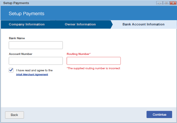 The Bank Account Information section of the Setup Payments wizard