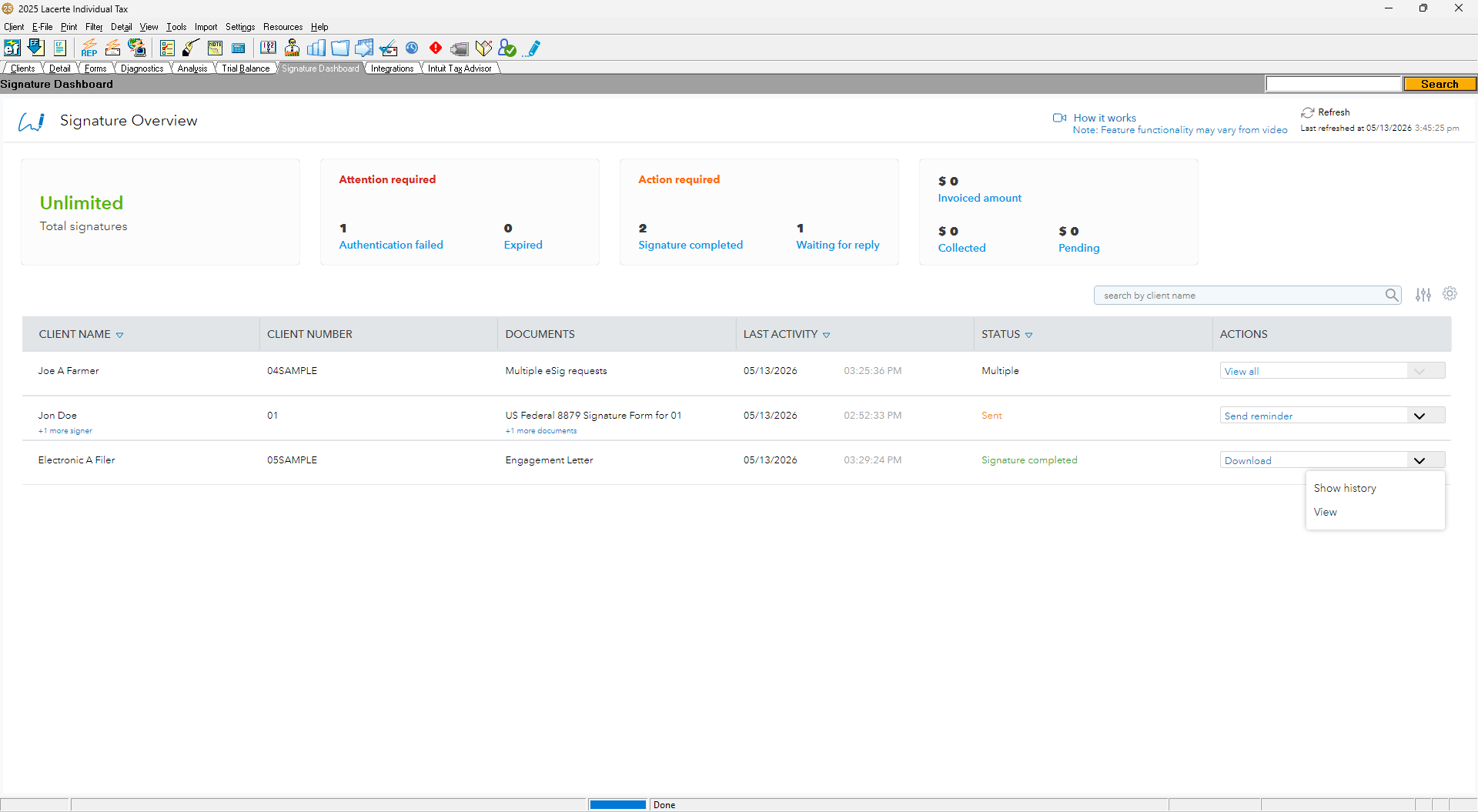 Intuit Sign Dashboard with Actions menu open, showing view and download options