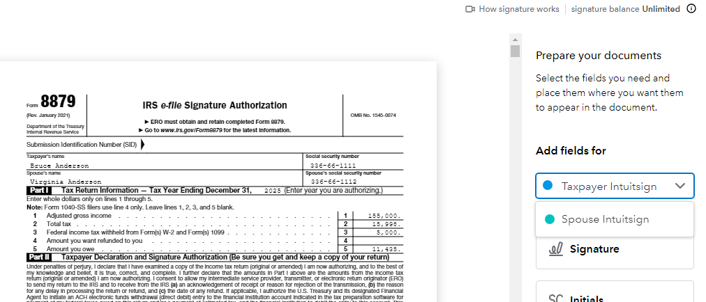 IRS Form 8879 e-file Signature Authorization interface