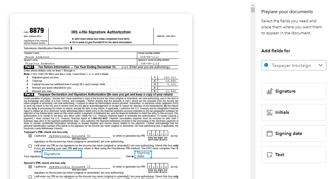 IRS Form 8879 e-file Signature Authorization Interface