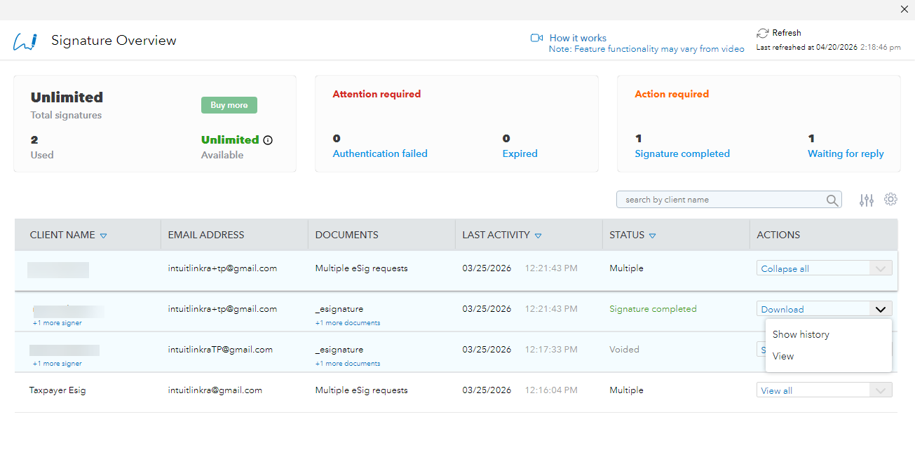Digital signature dashboard with client activity overview