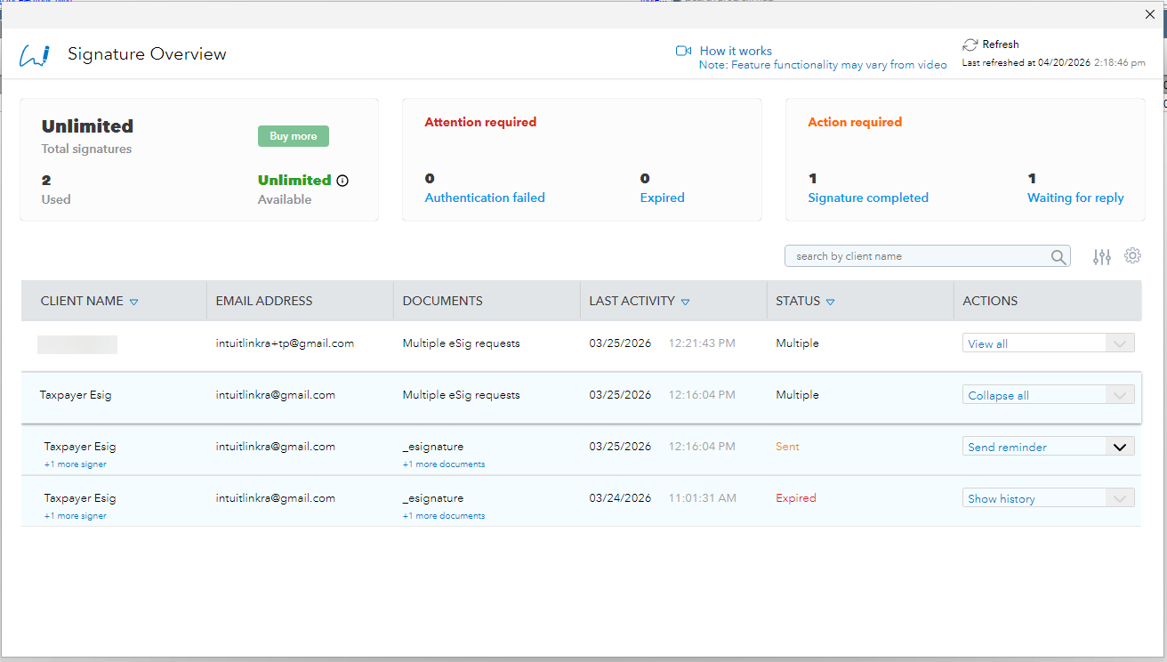 Digital signature dashboard with client activity overview